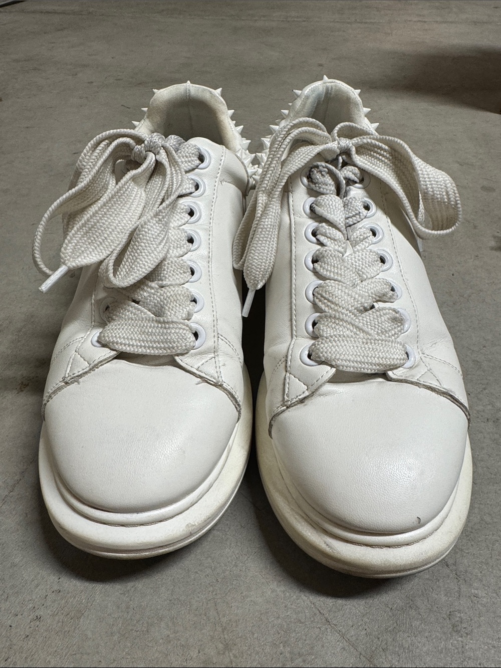 Steve Madden White Leather Lace-Up Sneakers with Spiked Heel Trim